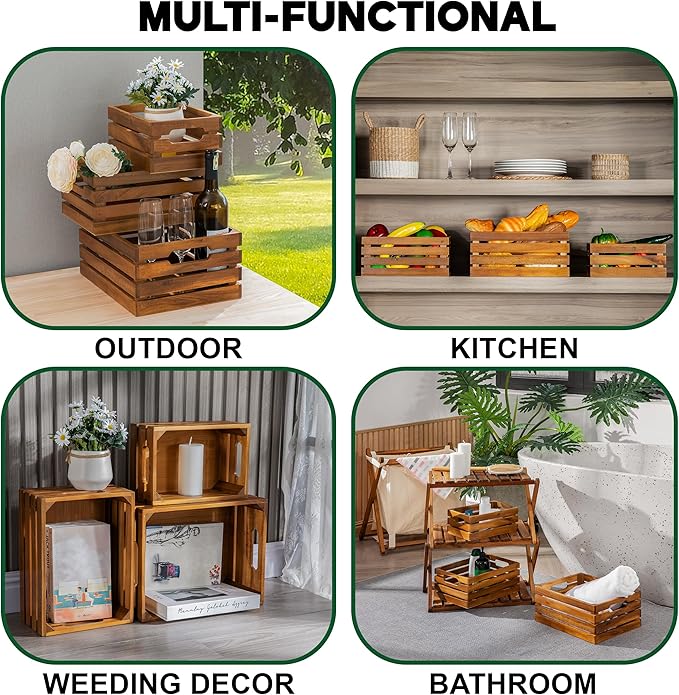 Nesting Wood Storage Crates (Set of 3) - Natural Acacia Wood Stackable Wooden Boxes for Storage & Organization - Decorative Wooden Basket Set for Fruits, Shelving & Home Decor - Image 5