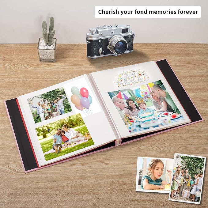 Large Photo Album Self Adhesive 4x6 8x10 10x12 13"x12.8" Magnetic Scrapbook Album 12.6"x11" Inch 60 Sticky Pages Linen Cover DIY Photo Album with A Metallic Pen and DIY Stickers(Pink) - Image 2