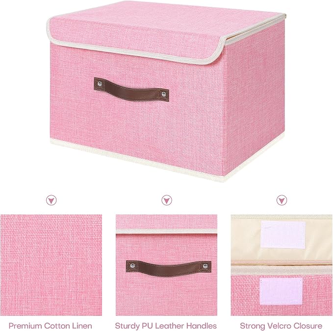 ANMINY Fabric Storage Box Bins with Lids, Pink, 15"x10"x10", 4 Pack | Keepsake Memory Storage, Cotton Linen, PP Board Reinforced, Washable, PU Handles, Foldable & Stackable, Decorative, Large - Image 3