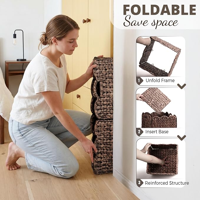 Set of 4 Foldable Scalloped Wicker Storage Cubes Basket, Storage Cube Bins -12"x12"x12", Collapsible Cube Organizers, Water Hyacinth Woven Bins for Bathroom, Bedroom, Shelves,...(Espresso Color) - Image 6