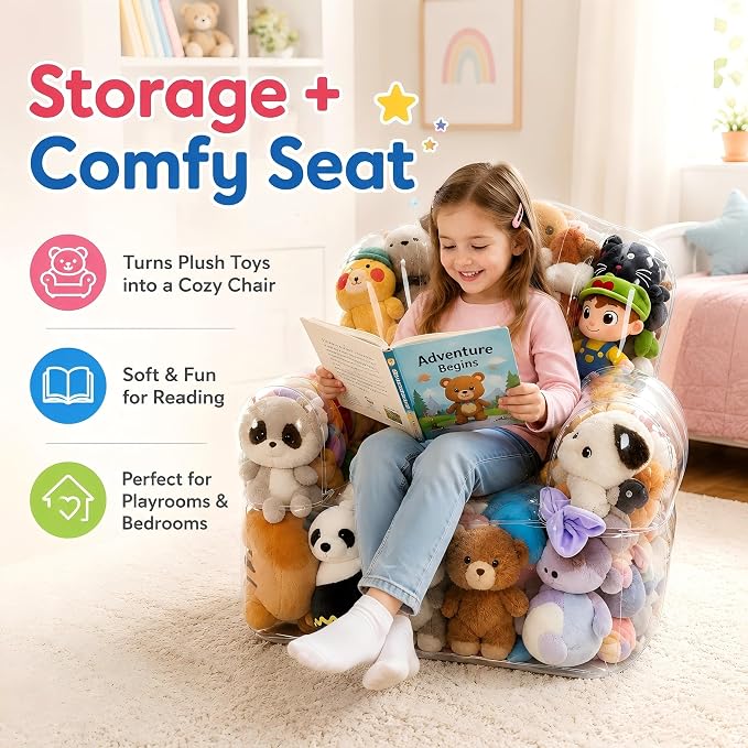 Clear Stuffed Animal Storage Bean Bag Chair Cover for Kids with Zipper | Transparent Waterparoof Wipe Clean Thicker PVC, Holds 150+ Stuffed Animals, Double Zipper for Plush Toys Storage & Organizing - Image 3