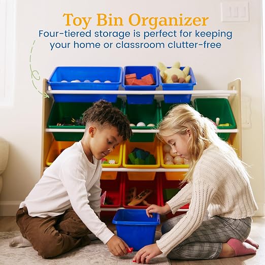 ECR4Kids 4-Tier Organizer with 16 Bins, Toy Storage, Natural/Primary | Durable plastic bins, MDF panels, steel frame, GREENGUARD Gold Certified, 60 lb capacity, anti-tip kit, playroom/classroom - Image 4