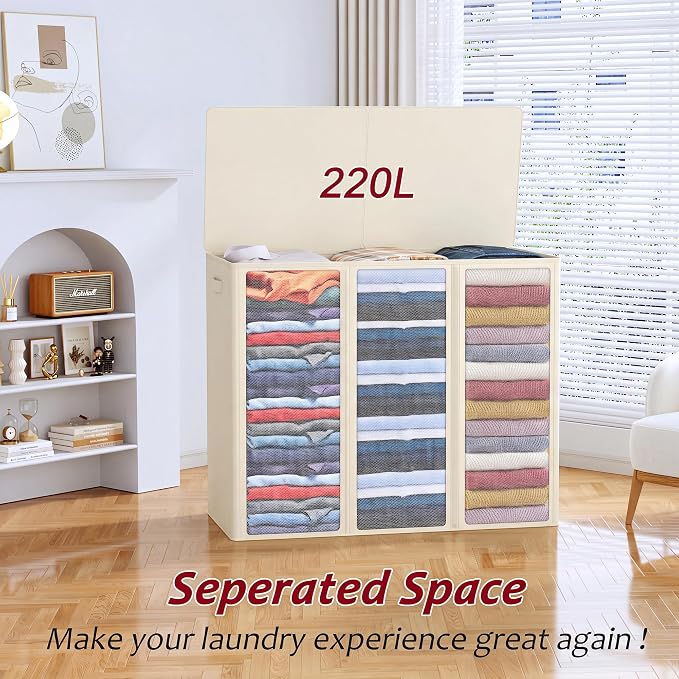220L Laundry Hamper 3 Section,Large Laundry Hamper with Lid,Dirty Clothes Hamper with 3 Inner Bags,Collapsible Laundry Basket Organizer for Laundry Room,Bedroom,Laundry Sorter Hamper 3 Compartment - Image 4