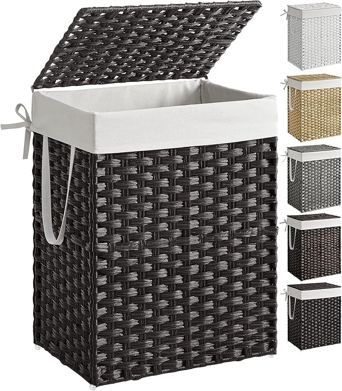 SONGMICS Laundry Hamper with Lid, 23.8 Gallon (90 L) Synthetic Rattan Clothes Laundry Basket with Lid and Handles, Foldable, Removable Liner, Black ULCB51BK by Unknown