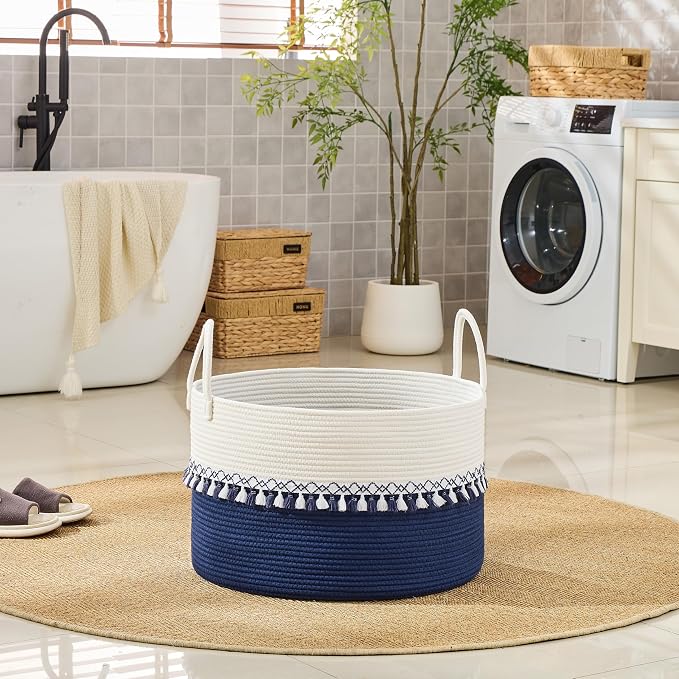 KAKAMAY Large Blanket Basket with Handles, Storage Basket for Living Room | Extra Large Capacity | Natural Cotton Rope | Blanket Storage | Woven Storage Basket | Stuffed Animal Storage | Laundry Basket - Image 6