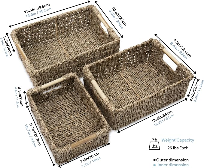 VATIMA Seagrass Baskets with Wooden Handles, Set of 3 Decorative Natural Wicker Baskets for Kitchen - Image 6