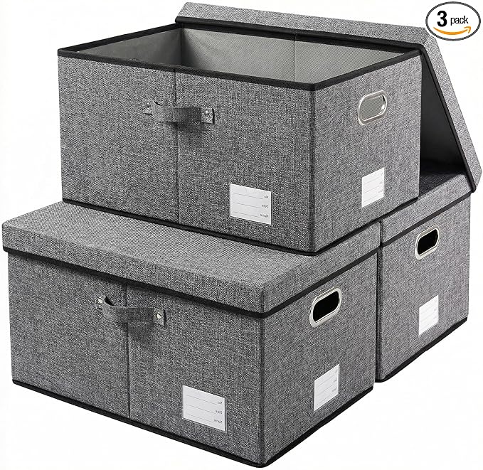 Storage Bins with Lids [3-Pack] Linen Fabric Foldable Storage Boxes Organizer Containers Baskets Cube with Cover for Bedroom Closet Office Grey(23.4X15.9X11.4) by Prandom