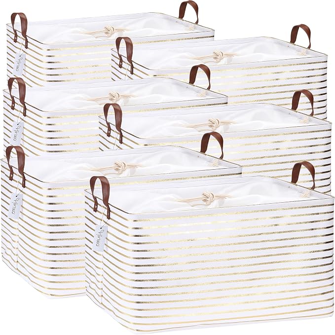 Hinwo 70L Extra Large Canvas Storage Bin with Lid and Handles, 6-Pack | Collapsible Fabric Baskets, Closet Shelf Organizers, Containers for Clothing, Blankets, Toys, Bedding (Gold Stripe) by Hinwo