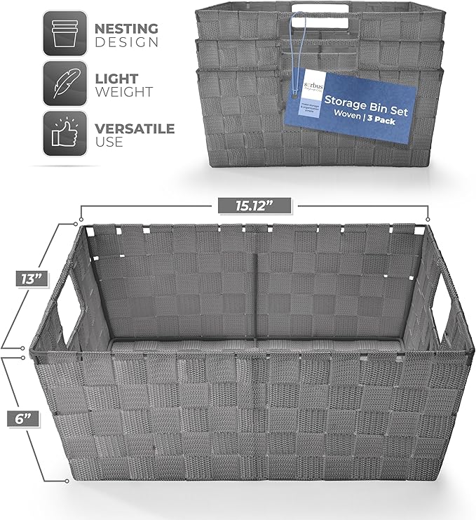 Sorbus Set of 3 Large Storage Baskets for Organizing, Mesh Hand-Woven Design, Linen Closet Organizers and Storage, Organizer Storage Baskets for Shelves, Organizers and Storage ( Gray) - Image 2
