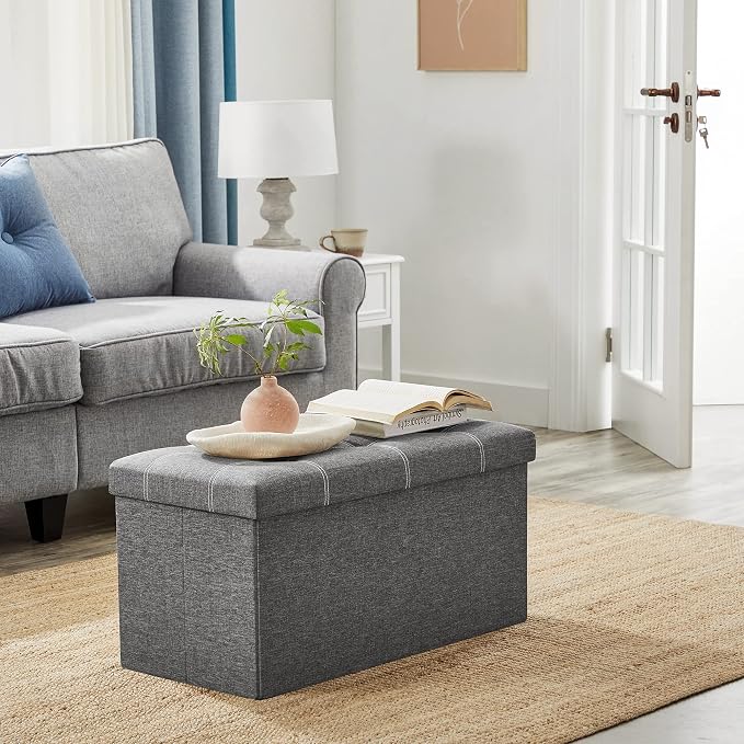 SONGMICS Mazie Collection - 30 Inches Ottoman Storage Bench, 21 Gal. Folding Chest with Breathable Linen-Look Fabric, Load up to 660 lb, for Entryway, Living Room, Bedroom, Dark Gray ULSF001G01 - Image 2