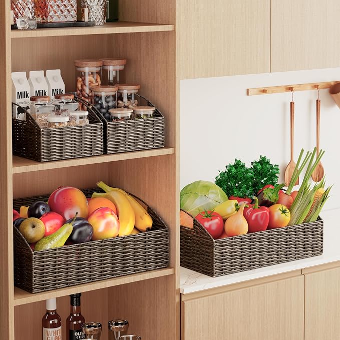 Pantry Baskets for Organizing, Wicker Basket Shelf Storage | Handwoven Pantry Organizers and Storage with Built-in Handles, Laundryroom Organization Storage Bins for Snack Cans - Image 2