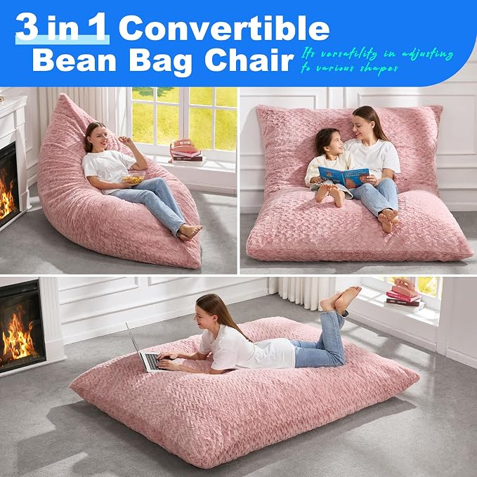 Hobestluk Adult Bean Bag Chair 3 in 1 Convertible Large Bean Bag Sofa | Chevron Plush Pink,Machine Washable,Removable Cover,Easy Convert And Install,Floor Bed,For Livingroom Bedroom - Image 4