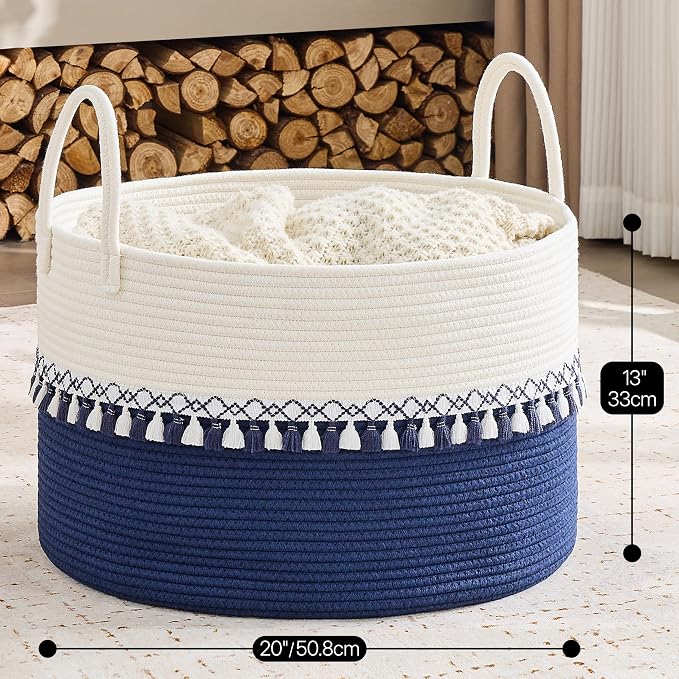 KAKAMAY Large Blanket Basket with Handles, Storage Basket for Living Room | Extra Large Capacity | Natural Cotton Rope | Blanket Storage | Woven Storage Basket | Stuffed Animal Storage | Laundry Basket - Image 3