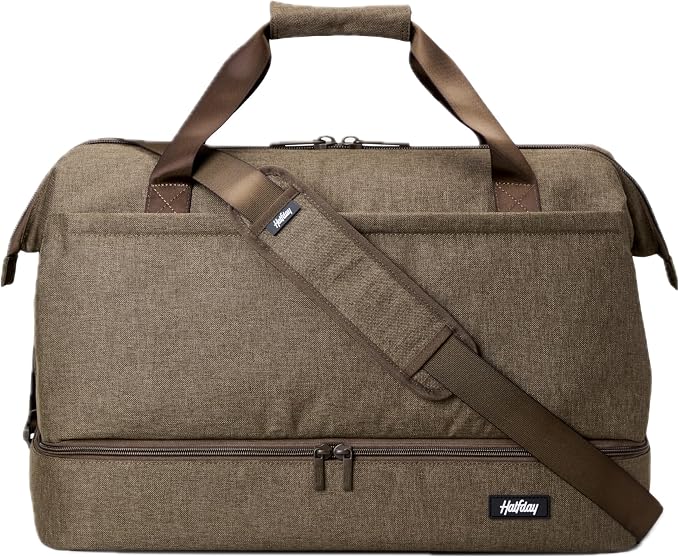 Halfday Double Decker Weekender 40L Travel Duffel Bag Water-Resistant, Dune | Overnight Carry-on with Bottom Shoe Compartment, Trolley Sleeve, Padded Strap, Interior Pockets, 3+ Days of Clothes by HalfdayTravel