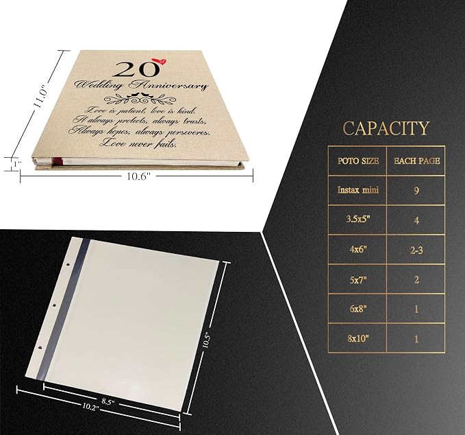 20th Wedding Anniversary Photo Album, Linen Cover with Love Quote, Golden Marriage Love Never Fails Memory Keepsake, Gifts for Parents 20 Years of Love - Image 4