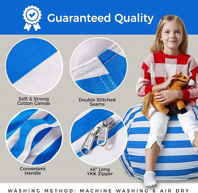 Aubliss Stuffed Animal Bean Bag Storage Chair | (Blue/White Striped, Medium (32'')) - Image 5