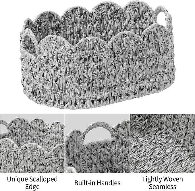 Coeusy Wicker Scalloped Basket Set of 2,Woven Storage Baskets for Shelves,Closet,Laundry,Gift,Towels,Books,Toys,Waterproof Cute Decor Basket for Organizing,Grey - Image 7