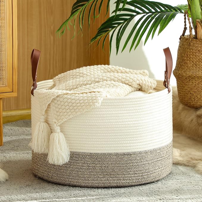 KAKAMAY Large Cotton Rope Blanket Basket (20"x13"),Woven Baby Laundry Hamper，Blanket Basket for Nursery, Laundry, Living Room, Pillows, Toys with Handles （White） - Image 5