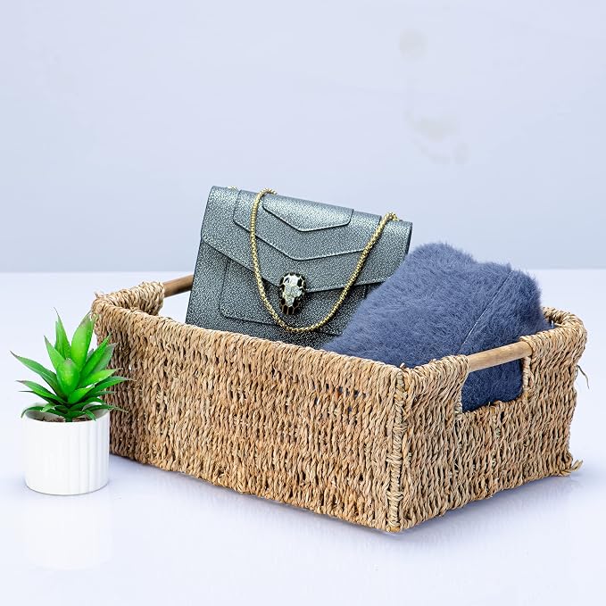 Large Natural Wicker Basket Rectangular with Wooden Handles, Seagrass Storage for Organizing, Shelves 15.5 x 10.6 x 5.5 inches - Image 9