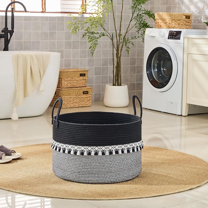 KAKAMAY Large Blanket Basket with Handles, Storage Basket for Living Room | Extra Large Capacity | Natural Cotton Rope | Blanket Storage | Woven Storage Basket | Stuffed Animal Storage | Laundry Basket - Image 6