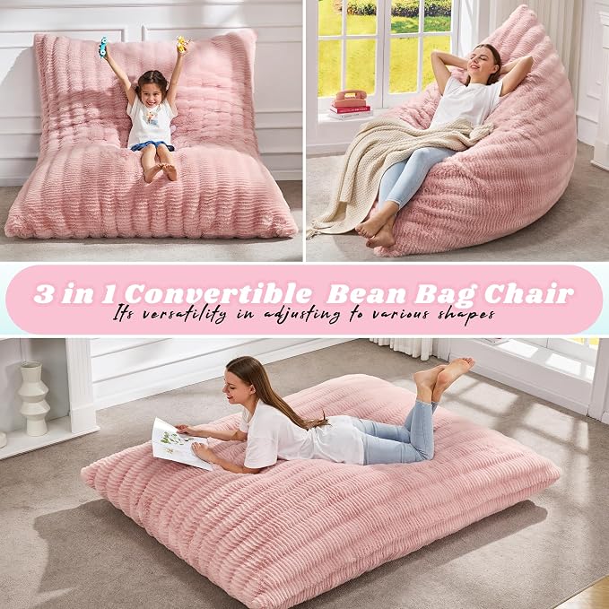 Hobestluk Adult Bean Bag Chair 3 in 1 Convertible Large Bean Bag Sofa | Ripple Pink,Machine Washable,Removable Cover,Easy Convert And Install, Oversied Floor Bed,For Livingroom Bedroom - Image 4