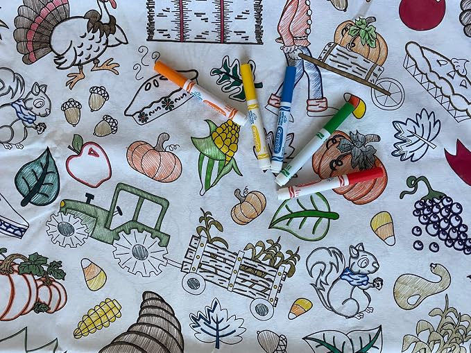 Thanksgiving and Fall Fun Design – Rectangle Tablecloth 60”X84”– Interactive Coloring Tablecloth for Kids - Poly/Cotton Fabric - Washable and Reusable – DIY Activity for Children and Adults - Image 6
