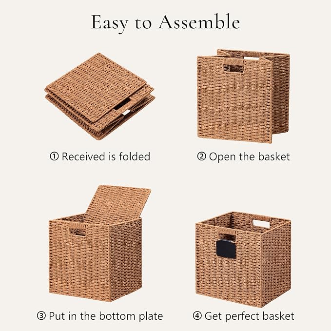 UBBCARE 2 Pack Wicker Basket, 12×12 Storage Cubes with Label, Foldable Cube Storage Bin with Handle, Square Storage Basket for Shelves, Woven Paper Rope Basket for Organizing, Caramel - Image 7