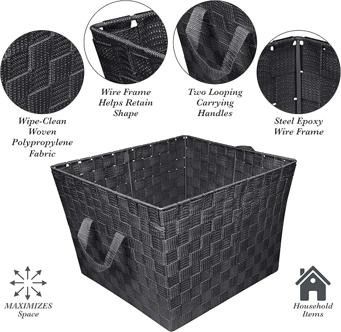 Simplify Large Woven Strap Tote | Decorative Storage Basket | 2 Handles | Organization | Closet | Bedroom | Bathroom | Nursery | Accessories | Toys | Gifts | 2 Pack | Black - Image 3