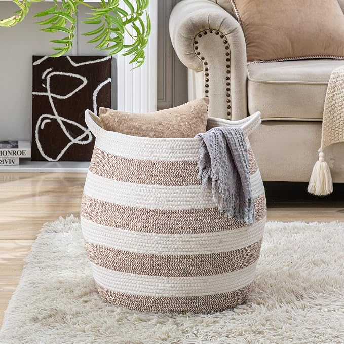 KAKAMAY Woven Baskets for Storage(17"x17"),Large Cotton Rope Woven Baby Laundry Hamper,Collapsible Laundry Basket, Blanket Basket for Organizing Living Room,Nursery,Pillows,Toy Chest(Rose) - Image 6