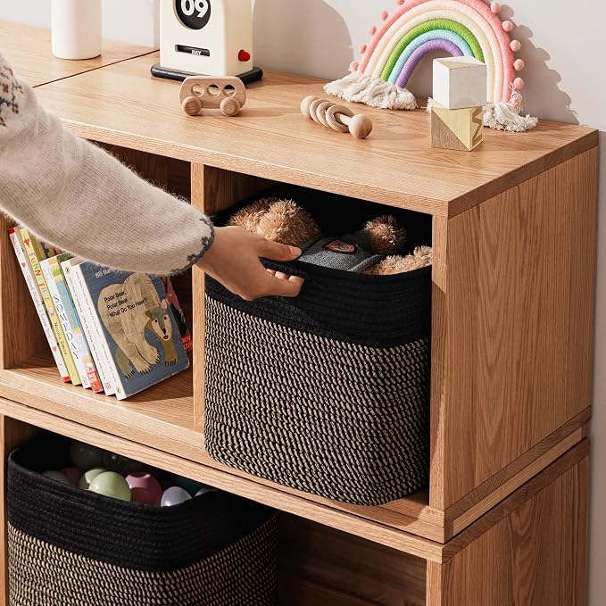joybest 13inch Cube Storage Bins, Cotton Rope Woven Organizer Basket | Set of 4 Cube Bin Square Shelves Organizer Closet Storage, Nursery, Toy Organization, Black&Dark Brown - Image 2