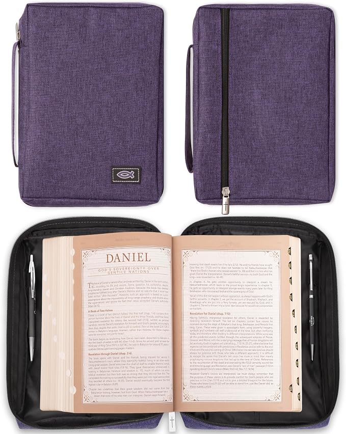 Christian Art Gifts Men/Women's Bible Cover Jesus Fish, Purple Canvas, Large - Image 6
