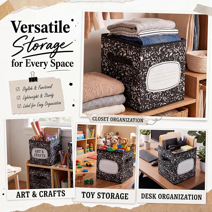 Yookeer 12 Pcs 11 Inch Composition Notebook Fabric Storage Cube Bin with Handle Zebra Print Foldable Classroom Container Cubby Basket for Back to School Decoration Office Home Nursery Organizer - Image 6