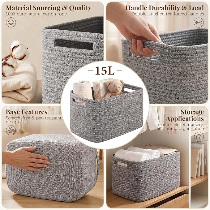 OIASKET 4Packs Natural Cotton Rope Storage Baskets for Organizing Toys, Clothes, Towels & Books, Soft Versatile Organizers for Shelves, Home Decorative Bins, 13''Lx9''Wx7.8''H, Grey - Image 3