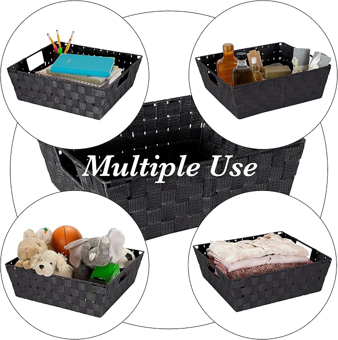 Simplify Large Shelf Woven Strap Tote | Decorative Storage Basket | Built in Handles | Organization | Closet | Bedroom | Bathroom | Nursery | Accessories | Toys | Gifts | 2 Pack | Black - Image 2