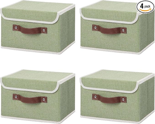 ANMINY Fabric Storage Box Bins with Lids, Green, 10"x8"x7", 4 Pack | Keepsake Memory Storage, Cotton Linen, PP Board Reinforced, Washable, PU Handles, Foldable & Stackable, Decorative, Small by ANMINY