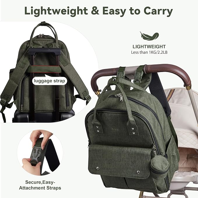 Modern Diaper Bag Backpack for Moms Dads with Hidden Pocket Green | Allovely Diaper Bag Backpack, Large 22L Baby Bags for Boys Girls, Multi-functional Travel Diaper Backpack, Stroller Straps - Image 6