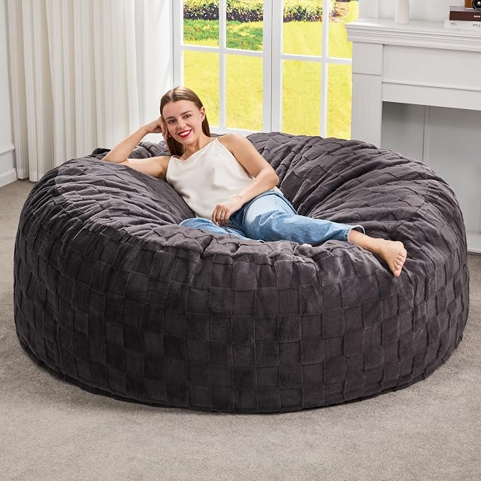Hobestluk Adults Bean Bag Chair 5FT Big BeanBag Chair Giant Large Oversized | Memory Foam,Washable Cover,Unique Fluffy Plaid,Comfy Bean Bag with Filler Lounging Gaming Bedroom Living Room | Dark Grey 5FT by YourHomeDeservesMore