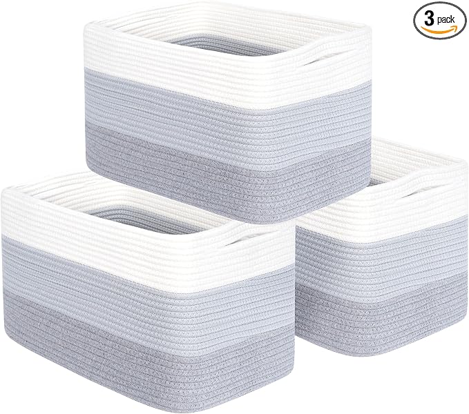 3-Pack Storage Baskets for Shelves, Playroom and Classroom, Book Basket, Decorative Storage Cube Bins, Woven Closet Organizers, Pantry and Shoe Organizer, 3-Tone Grey by MINTWOODDesign