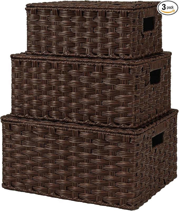 GRANNY SAYS Wicker Baskets with Lids, Decorative Storage Boxes with Lids | Woven Baskets with Lids, Wicker Baskets for Storage, Decorative Storage Boxes, Woven Stackable Basket with Lid, 3 Pack by GRANNYSAYS