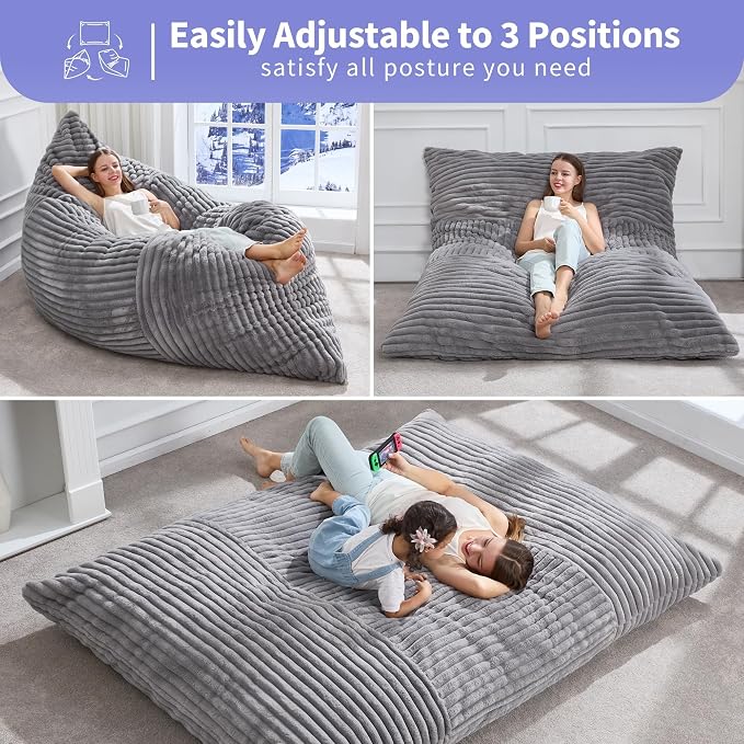 Hobestluk Adult Bean Bag Chair 3 in 1 Convertible Large Bean Bag Sofa | Striped Grey,Machine Washable,Removable Cover,Easy Convert And Install, Oversied Floor Bed,For Livingroom Bedroom - Image 4