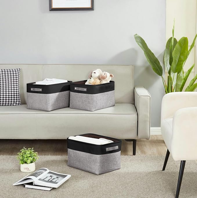 DECOMOMO Storage Bins, Large Fabric Storage Baskets for Shelves 3 Pack | 15 x 11 x 9.5 inches Decorative Linen Closet Organizers (Grey & Black) - Image 7