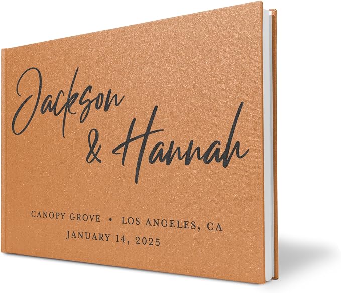 Personalized Wedding Guest Book w/Names, Date, and Address, Custom Hardcover Guest Book for Wedding Reception, Blank Pages for Signing - Bronze Shimmer by Follow