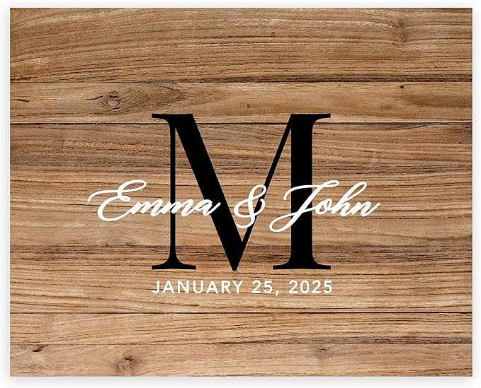Andaz Press Custom Large Canvas Wedding Guest Book Alternative, 16 x 20 Inches, Rustic Wood Monogram Horizontal Personalized Sign Our Canvas Guest Book Signs For Wedding Rustic Woodland Theme by AndazPress