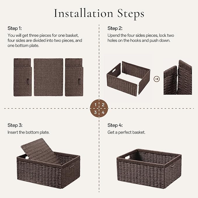 UBBCARE 2 Pack Wicker Basket, 13.4L×8.3H×7.1W inch Woven Paper Rope Storage Baskets for Shelves, Foldable Rectangular Storage Baskets with Handle, Storage Basket for Organizing, Dark Brown - Image 2