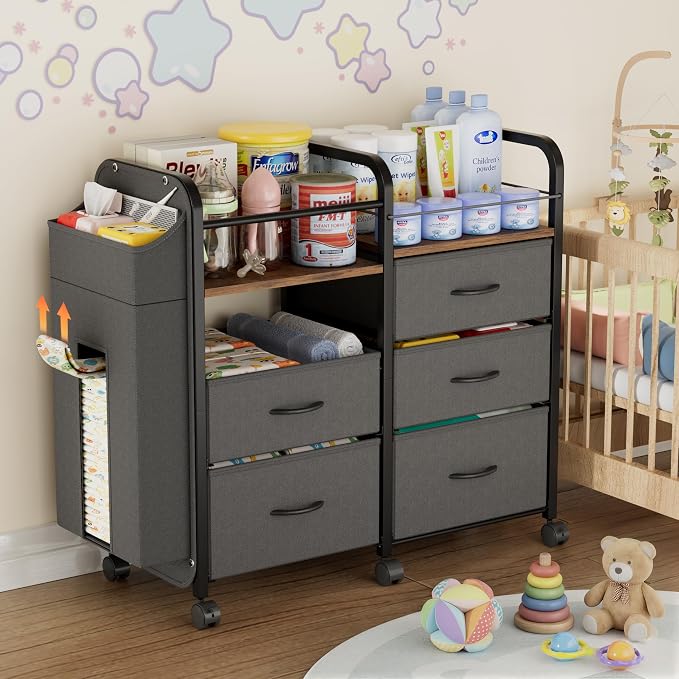 CODACE Baby Diaper Caddy Organizer Cart - Baby Organizers and Storage | Bedside Cart with Drawers & Side Storage, Nursery Essentials, 3 Tier Rolling Carts with Wheels for Bedroom, Easy to Assemble by CODACE