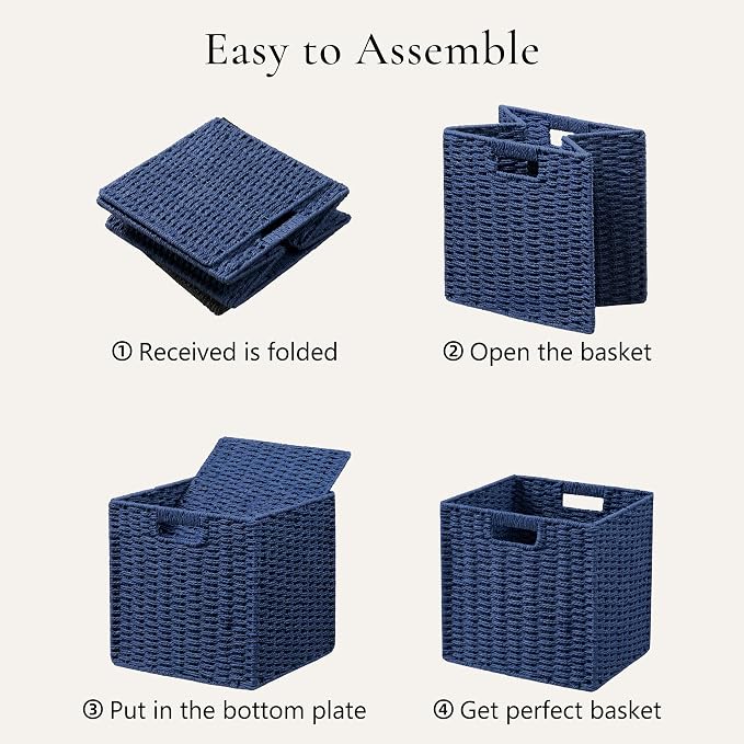 UBBCARE 3 Pack Wicker Basket, 11L×11H×10.5W inch Woven Paper Rope Storage Baskets for Shelves, Foldable Cube Storage bin with Handle, Storage Basket for Organizing & Decor, Navy Blue - Image 7