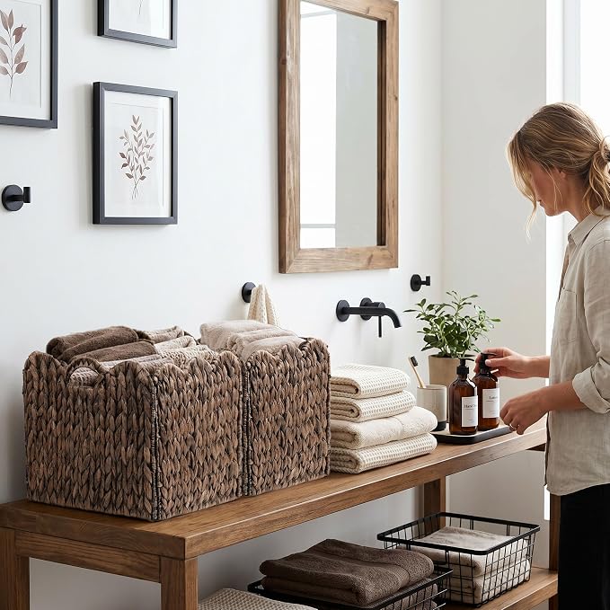 Set of 4 Foldable Scalloped Wicker Storage Cubes Basket, Storage Cube Bins -12"x12"x12", Collapsible Cube Organizers, Water Hyacinth Woven Bins for Bathroom, Bedroom, Shelves,...(Espresso Color) - Image 2