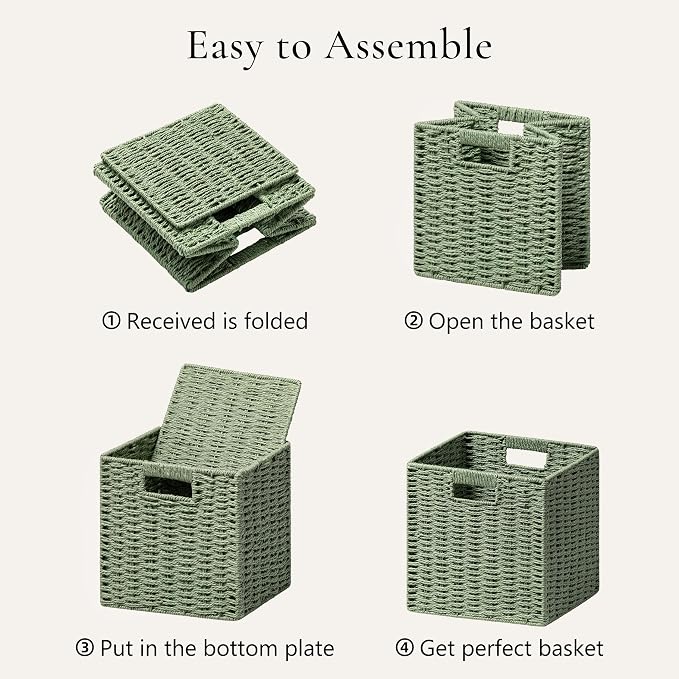 UBBCARE 3 Pack Wicker Basket, 11L×11H×10.5W inch Woven Paper Rope Storage Baskets for Shelves, Foldable Cube Storage bin with Handle, Storage Basket for Organizing & Decor, Green - Image 7