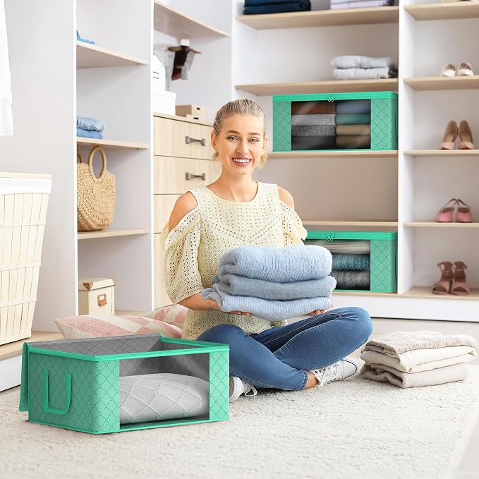Sorbus Medium Clothes Storage Bags - Foldable Blanket Storage Bins for Organizing Bedroom, Closet, Clothing, Comforter, Organization with Clear Window, Lids and Carry Handles - Set of 6 - Image 2