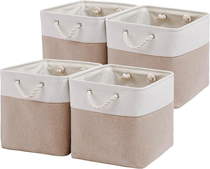 MidmmVick 13 x 13 Inch Cube Storage Bins, 4 Pack Large Collapsible Fabric Storage Bin with Ropes, Foldable Storage Cubes for Home, Office,Closet, Clothes, Toys Organizer (White & Beige) by Midmmvick